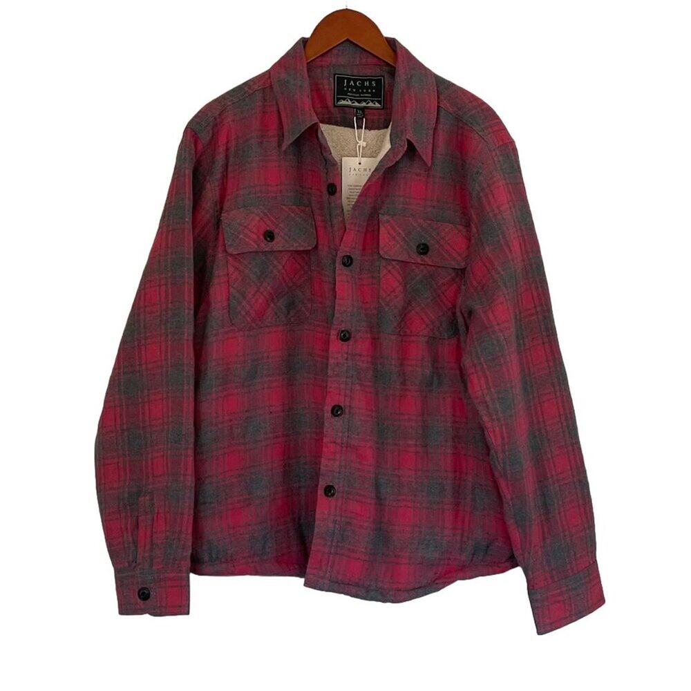 New Jachs NY Red Recycled Flannel Overshirt Shacket, Fleece Plaid, 90s Grunge XL